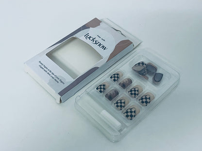 Lucksnow Checkerboard Retro Fake Nail Tips - Color-Block Matte Press-On Nails (With Jelly Adhesive)
