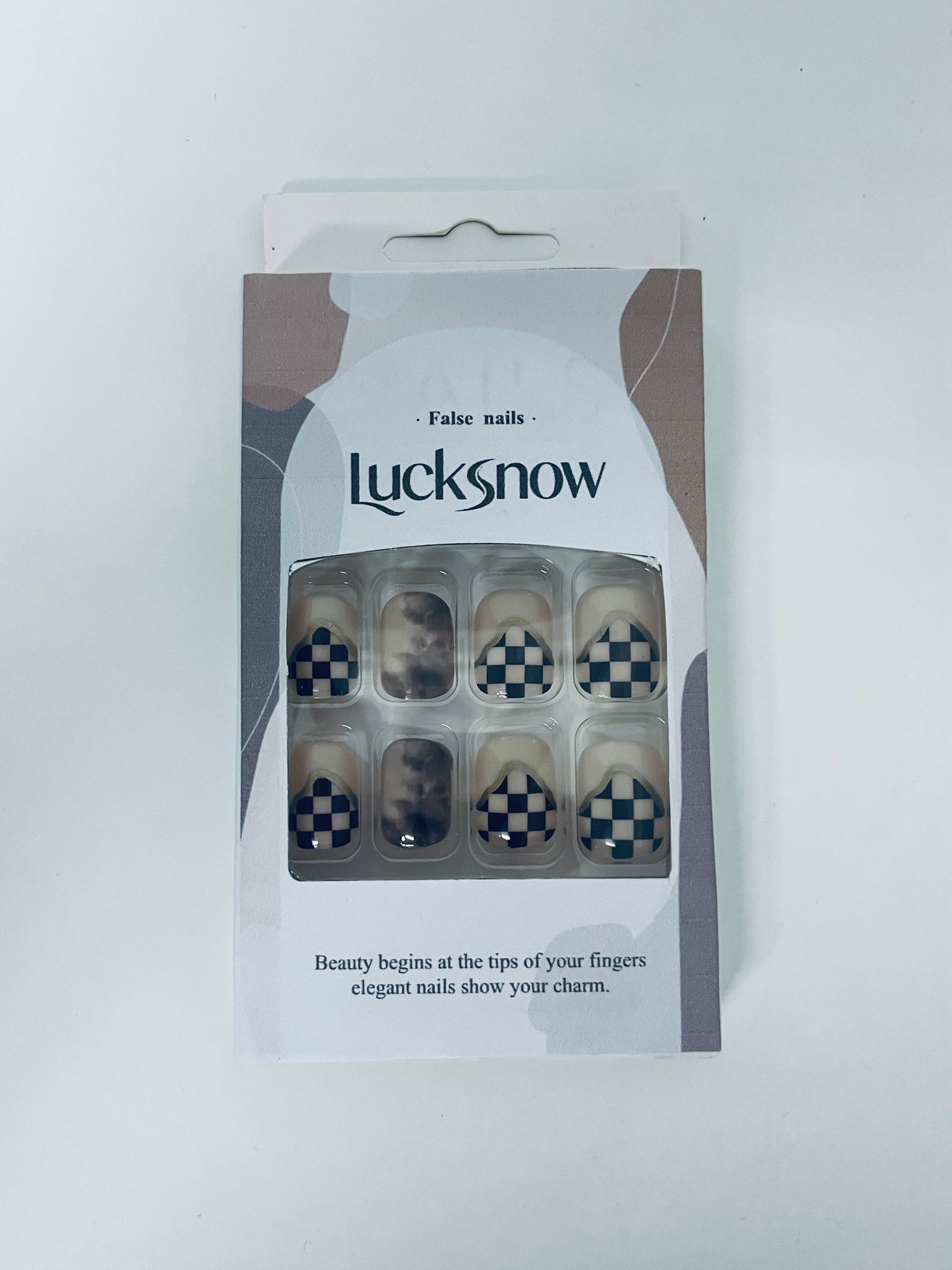 Lucksnow Checkerboard Retro Fake Nail Tips - Color-Block Matte Press-On Nails (With Jelly Adhesive)