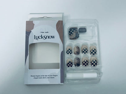 Lucksnow Checkerboard Retro Fake Nail Tips - Color-Block Matte Press-On Nails (With Jelly Adhesive)