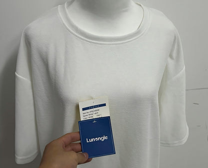 [Lunangle Tee-shirts]-Textured Oversized White Tee-Shirt - Minimalist Versatile Crew Neck Top