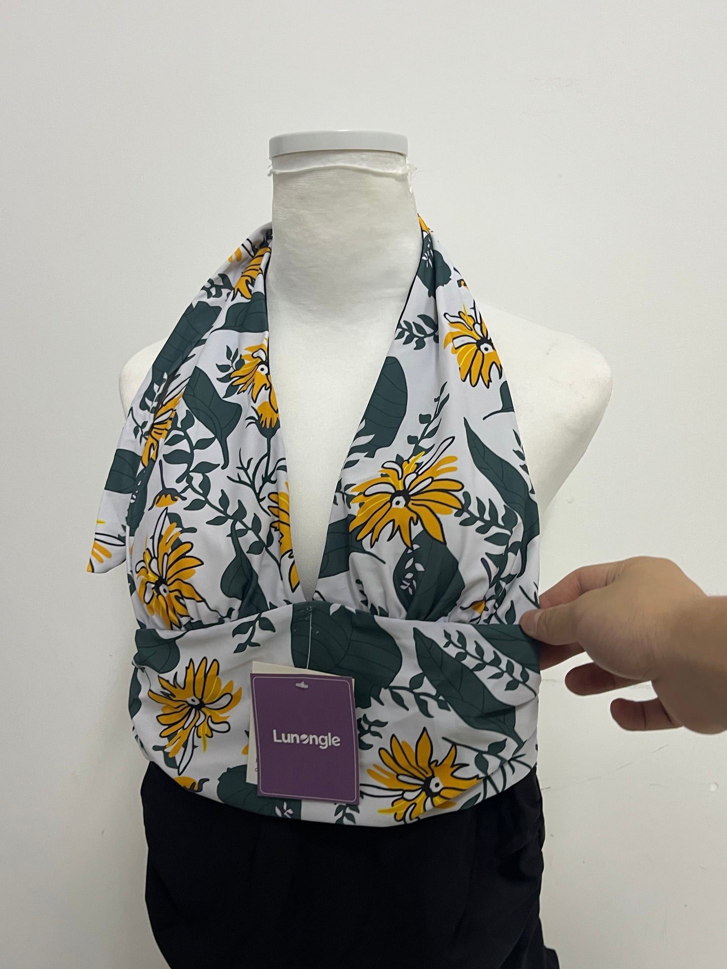[Lunangle Swimsuits]-Halter Neck Two-Piece Swimsuit - Sunflower Print Tummy Control Swimwear