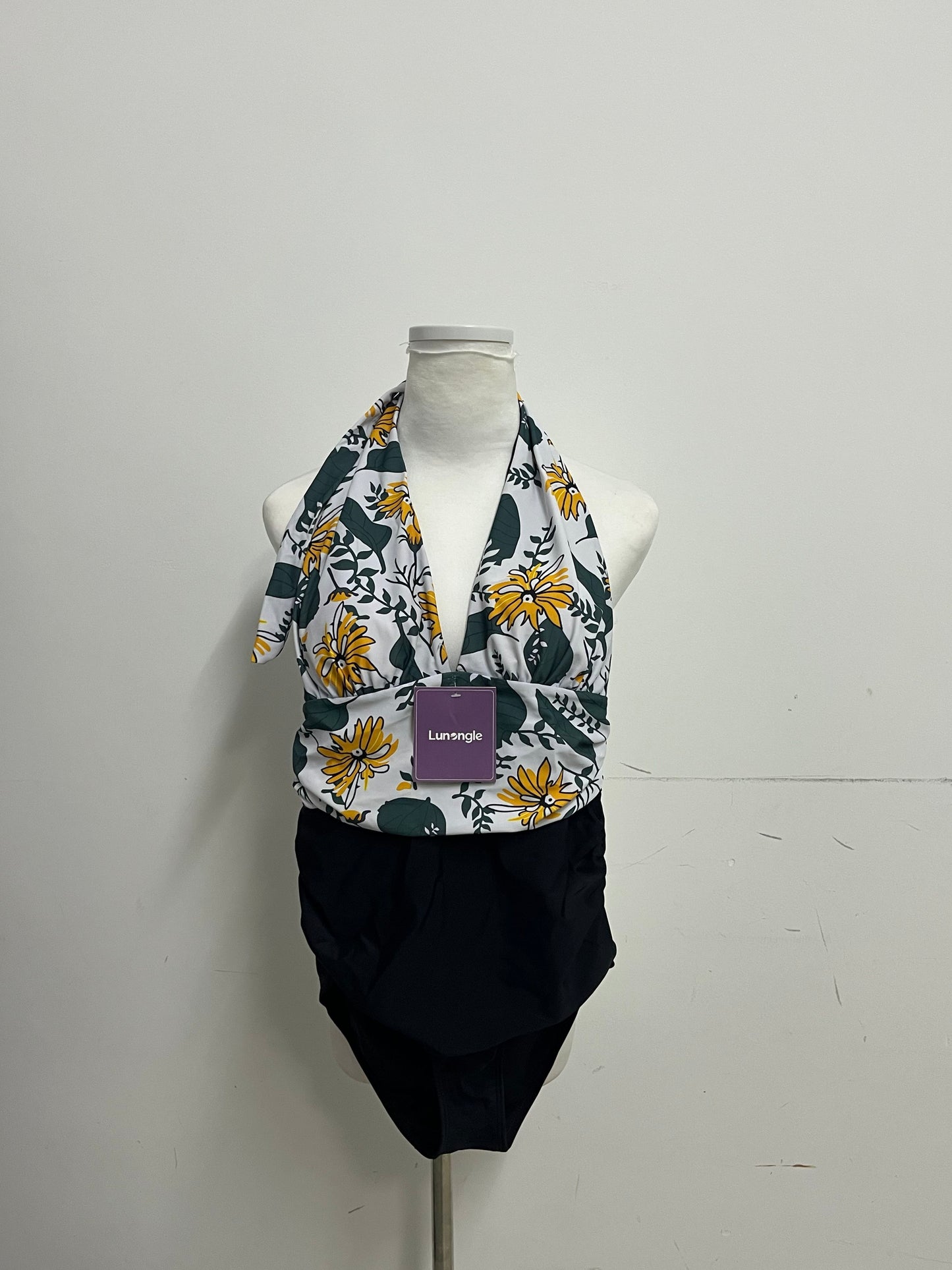 [Lunangle Swimsuits]-Halter Neck Two-Piece Swimsuit - Sunflower Print Tummy Control Swimwear