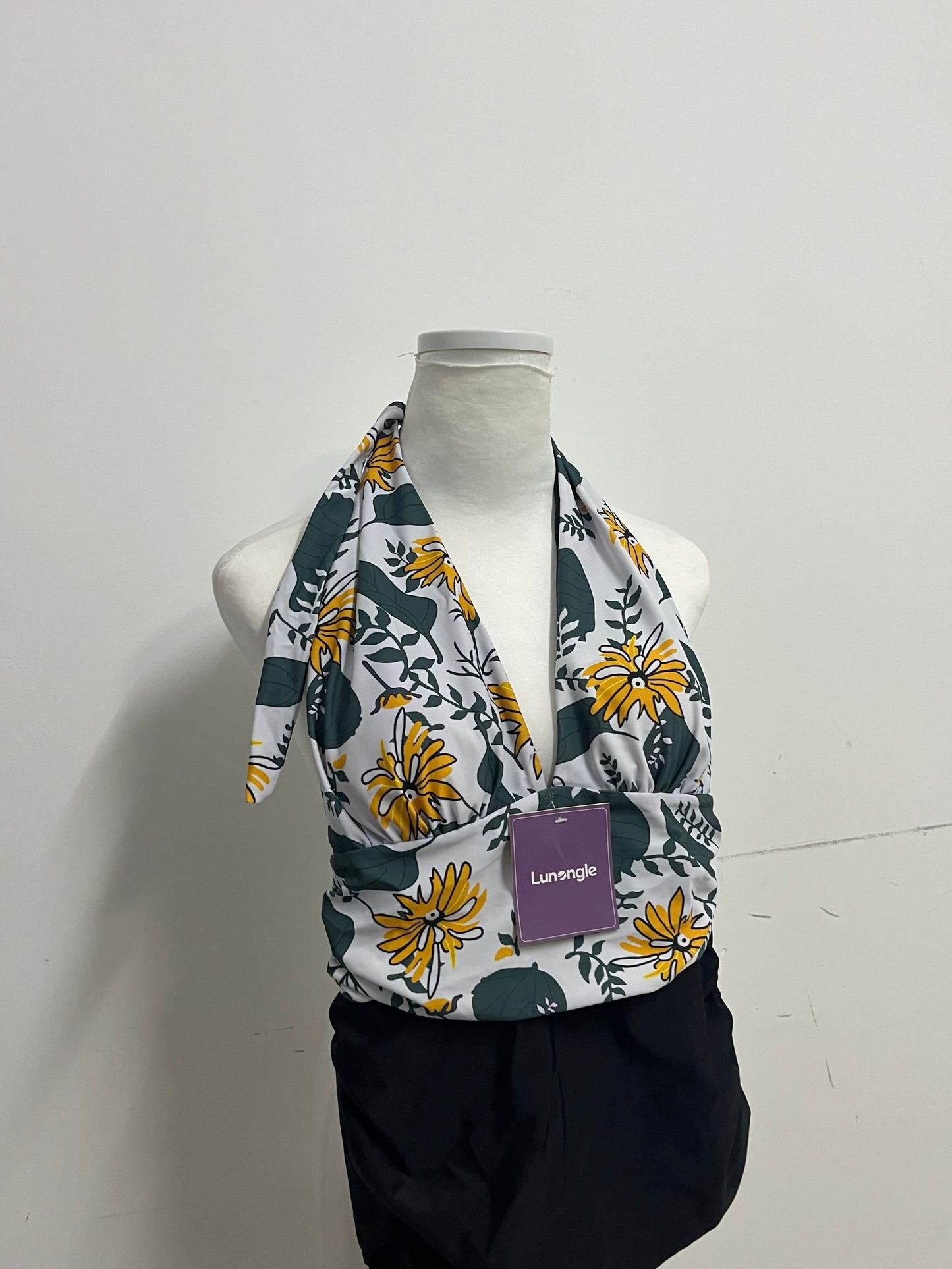 [Lunangle Swimsuits]-Halter Neck Two-Piece Swimsuit - Sunflower Print Tummy Control Swimwear