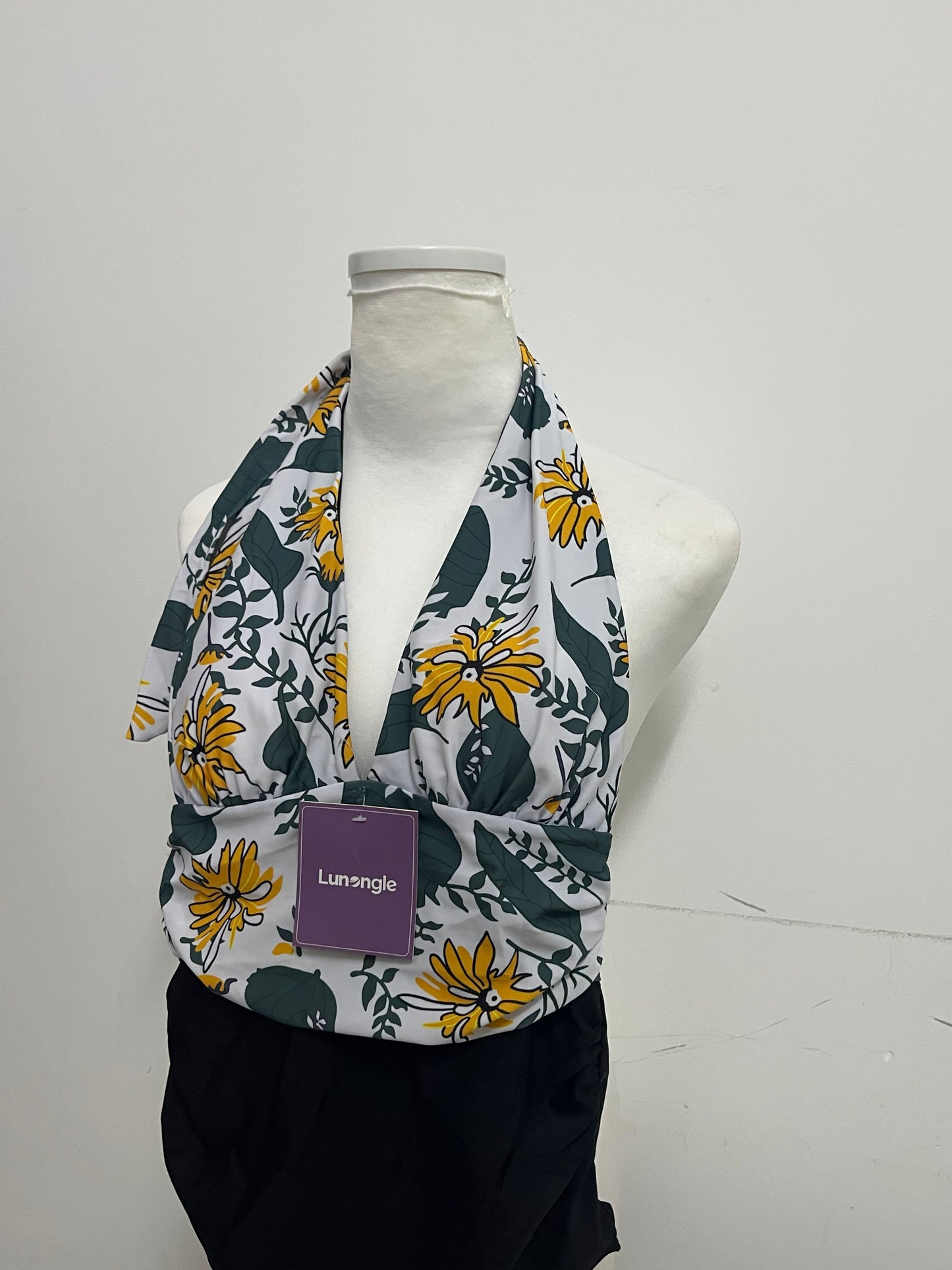 [Lunangle Swimsuits]-Halter Neck Two-Piece Swimsuit - Sunflower Print Tummy Control Swimwear