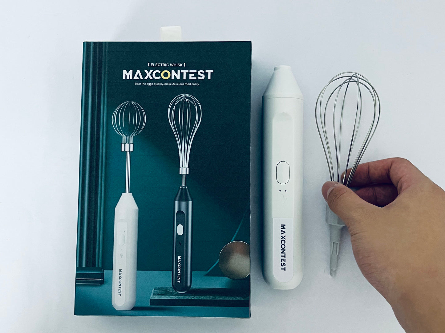 MAXCONTEST Cordless Hand Mixer, Foldable Design Handheld Electric Whisk with 3 Speed Modes, Hand Held Egg Beater with 2 Detachable Stir Whisks