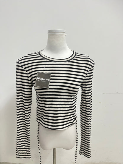 Magicomf Black & White Striped Drawstring Cropped Long-Sleeve Top