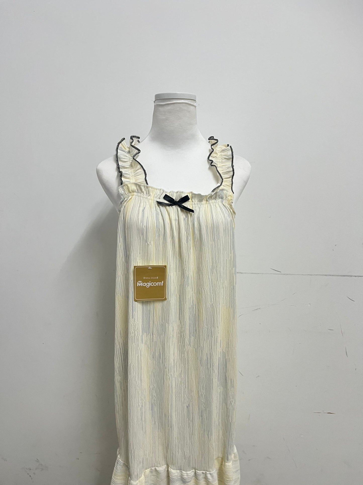 Magicomf Cream Yellow Ruched Ruffle Strap Nightgown