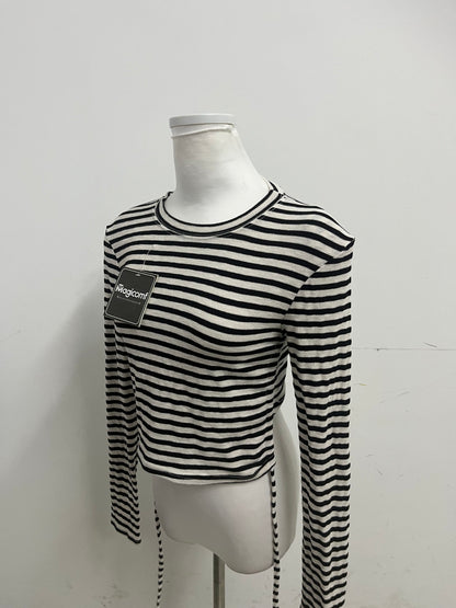 Magicomf Black & White Striped Drawstring Cropped Long-Sleeve Top