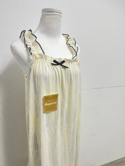 Magicomf Cream Yellow Ruched Ruffle Strap Nightgown