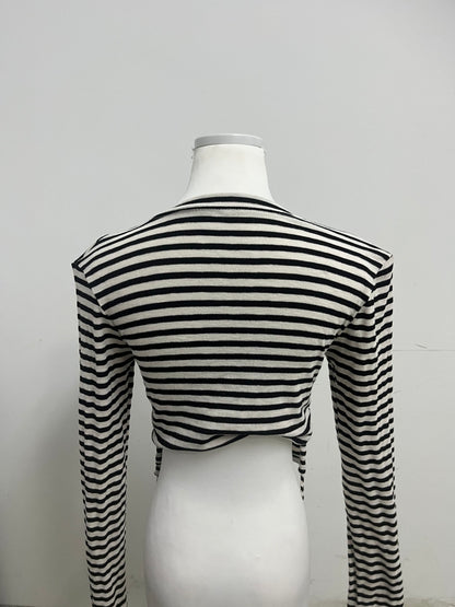 Magicomf Black & White Striped Drawstring Cropped Long-Sleeve Top