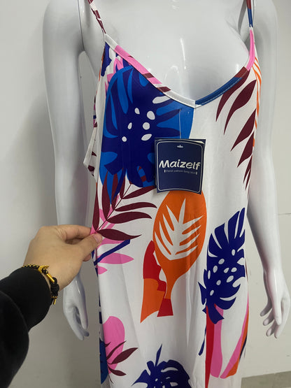 【Maizelf Tropical Leaf Print Maxi Slip Dress】—— Effortless Vacation Style for Warm Days