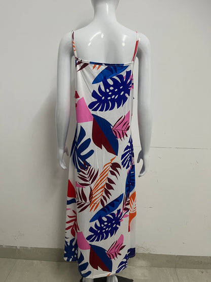 【Maizelf Tropical Leaf Print Maxi Slip Dress】—— Effortless Vacation Style for Warm Days