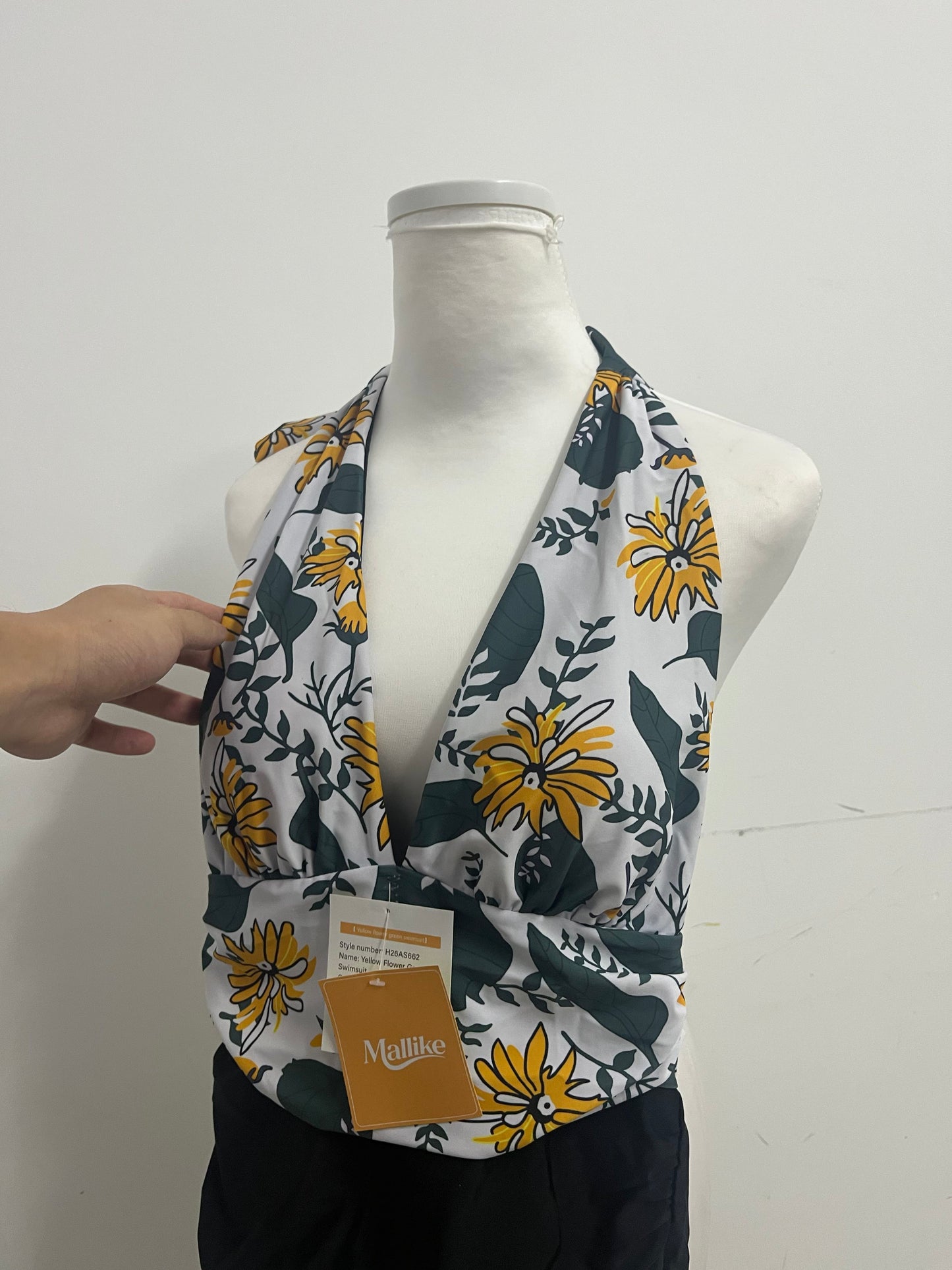 Mallike Yellow Flower Print Swimsuit  - Adjustable Halter Wrap-Front Design