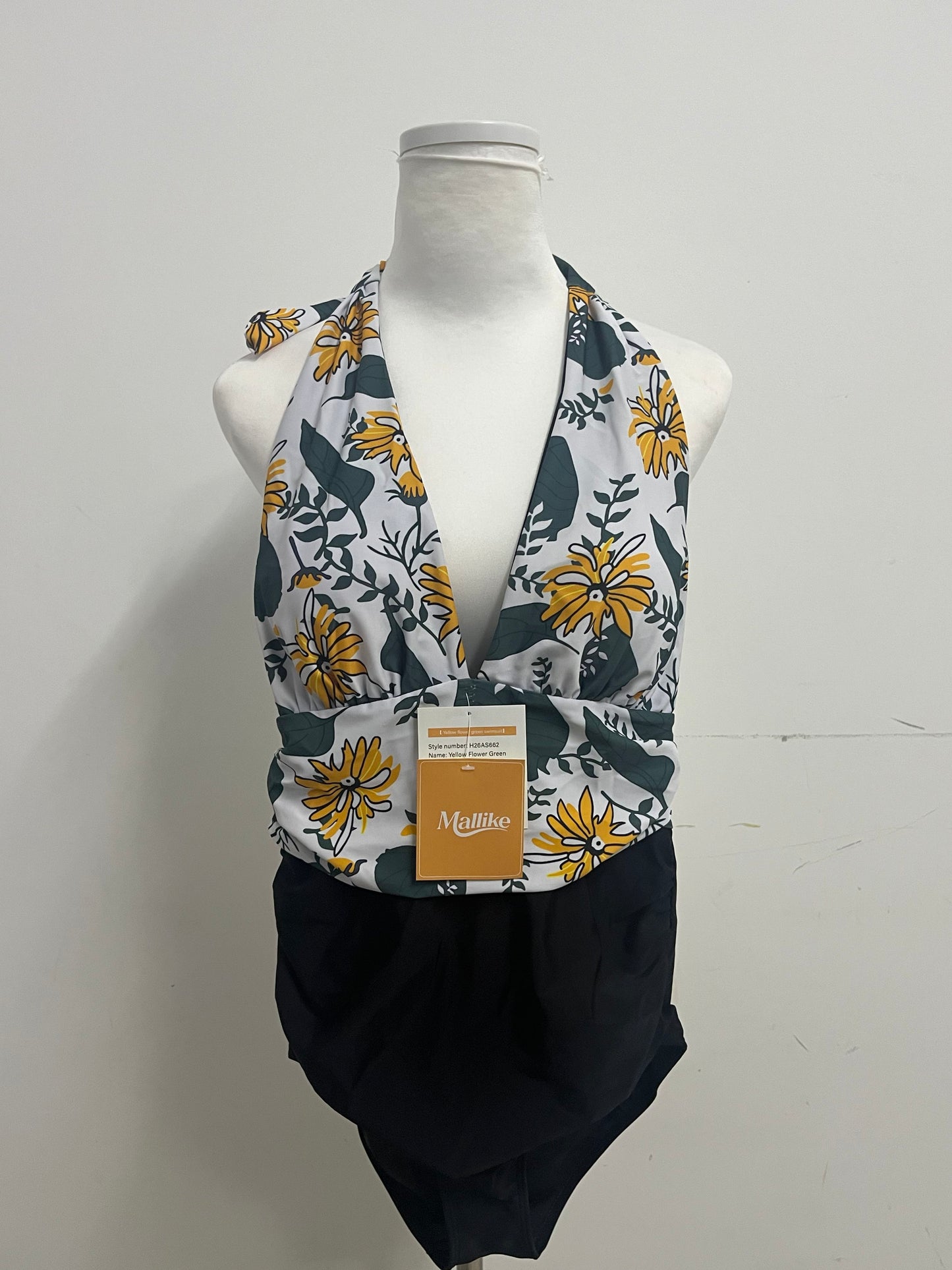 Mallike Yellow Flower Print Swimsuit  - Adjustable Halter Wrap-Front Design