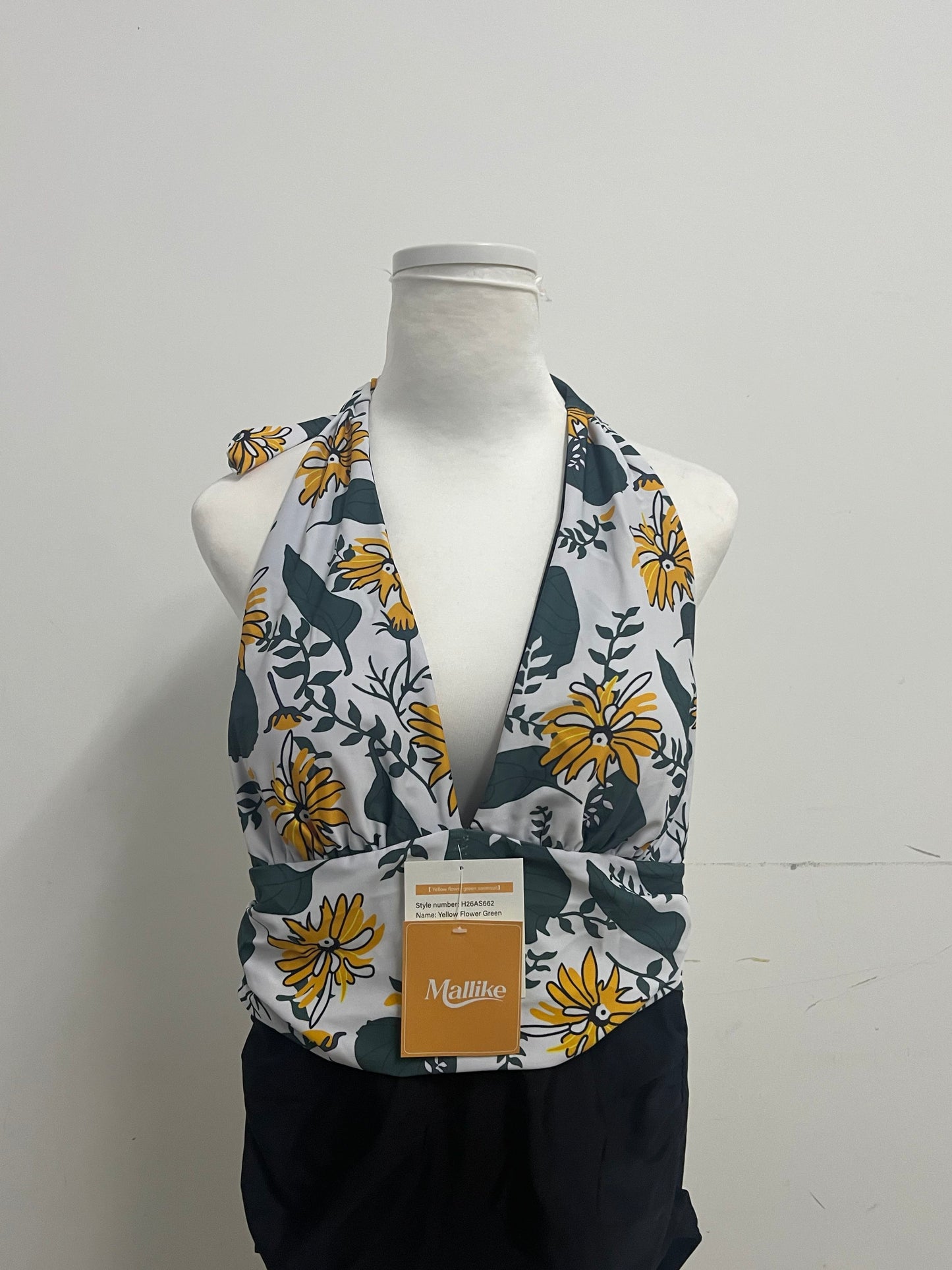 Mallike Yellow Flower Print Swimsuit  - Adjustable Halter Wrap-Front Design