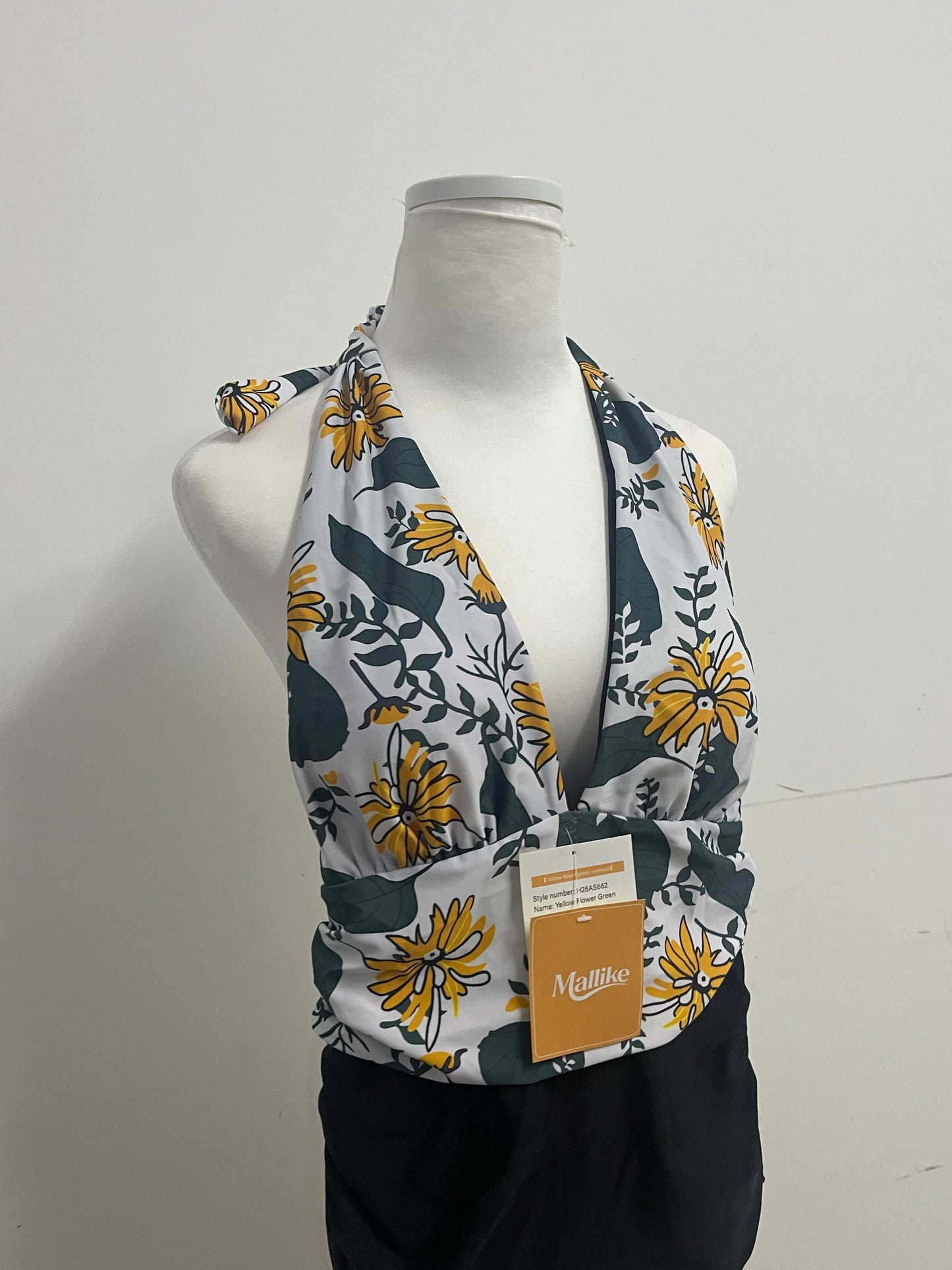 Mallike Yellow Flower Print Swimsuit  - Adjustable Halter Wrap-Front Design