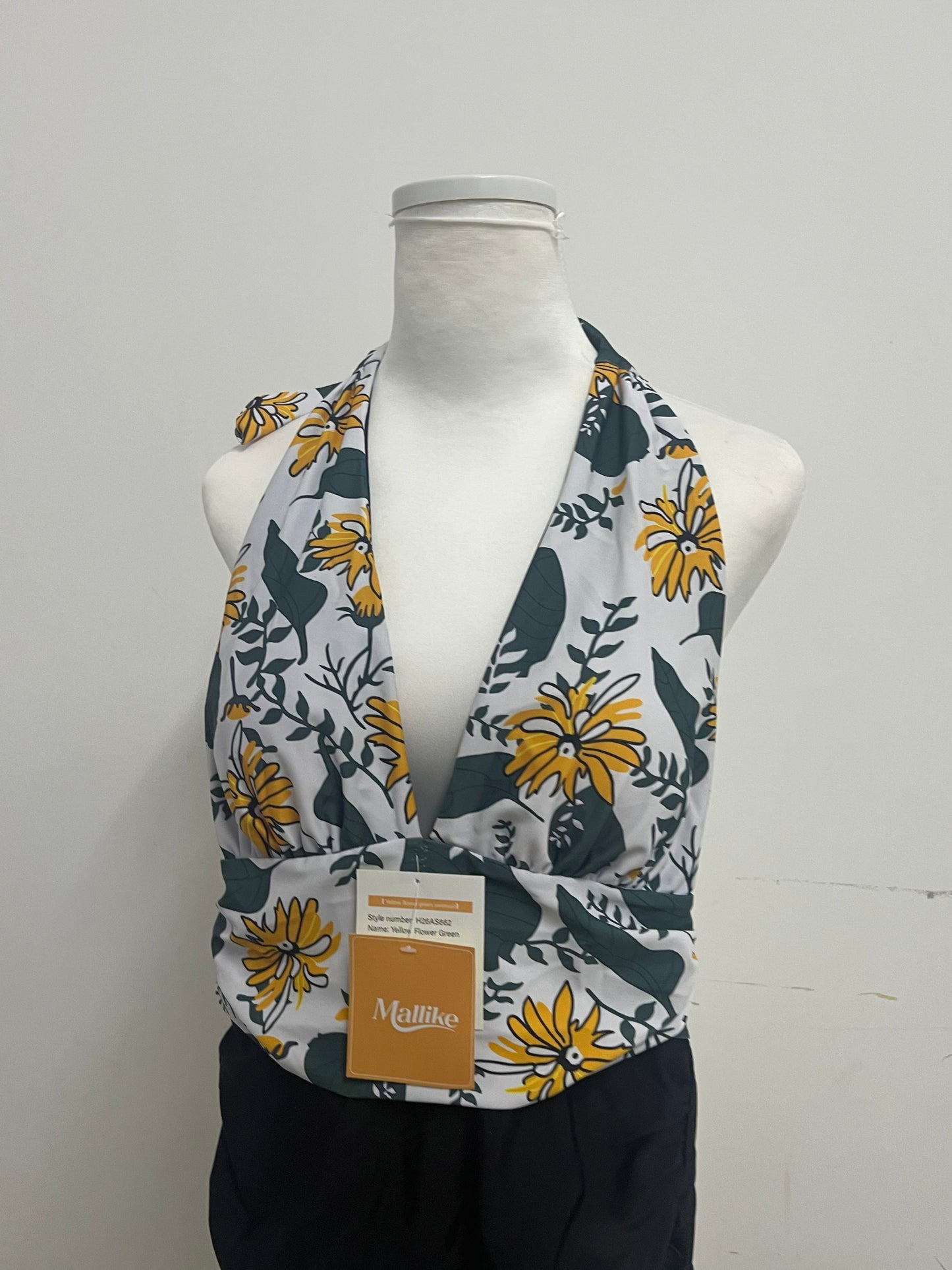 Mallike Yellow Flower Print Swimsuit  - Adjustable Halter Wrap-Front Design