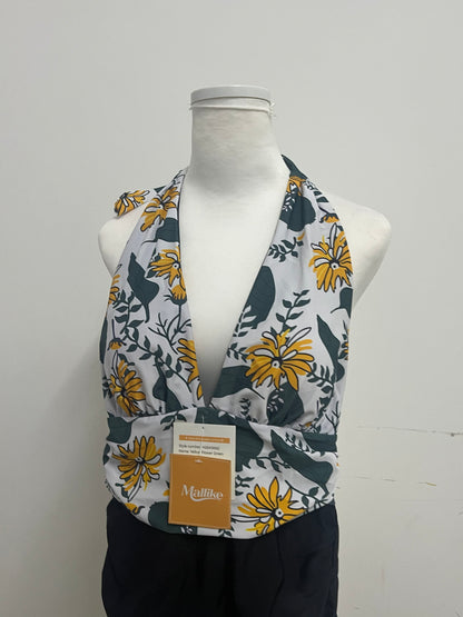 Mallike Yellow Flower Print Swimsuit  - Adjustable Halter Wrap-Front Design