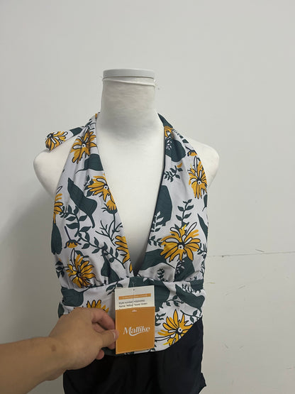 Mallike Yellow Flower Print Swimsuit  - Adjustable Halter Wrap-Front Design