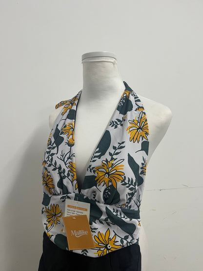 Mallike Yellow Flower Print Swimsuit  - Adjustable Halter Wrap-Front Design