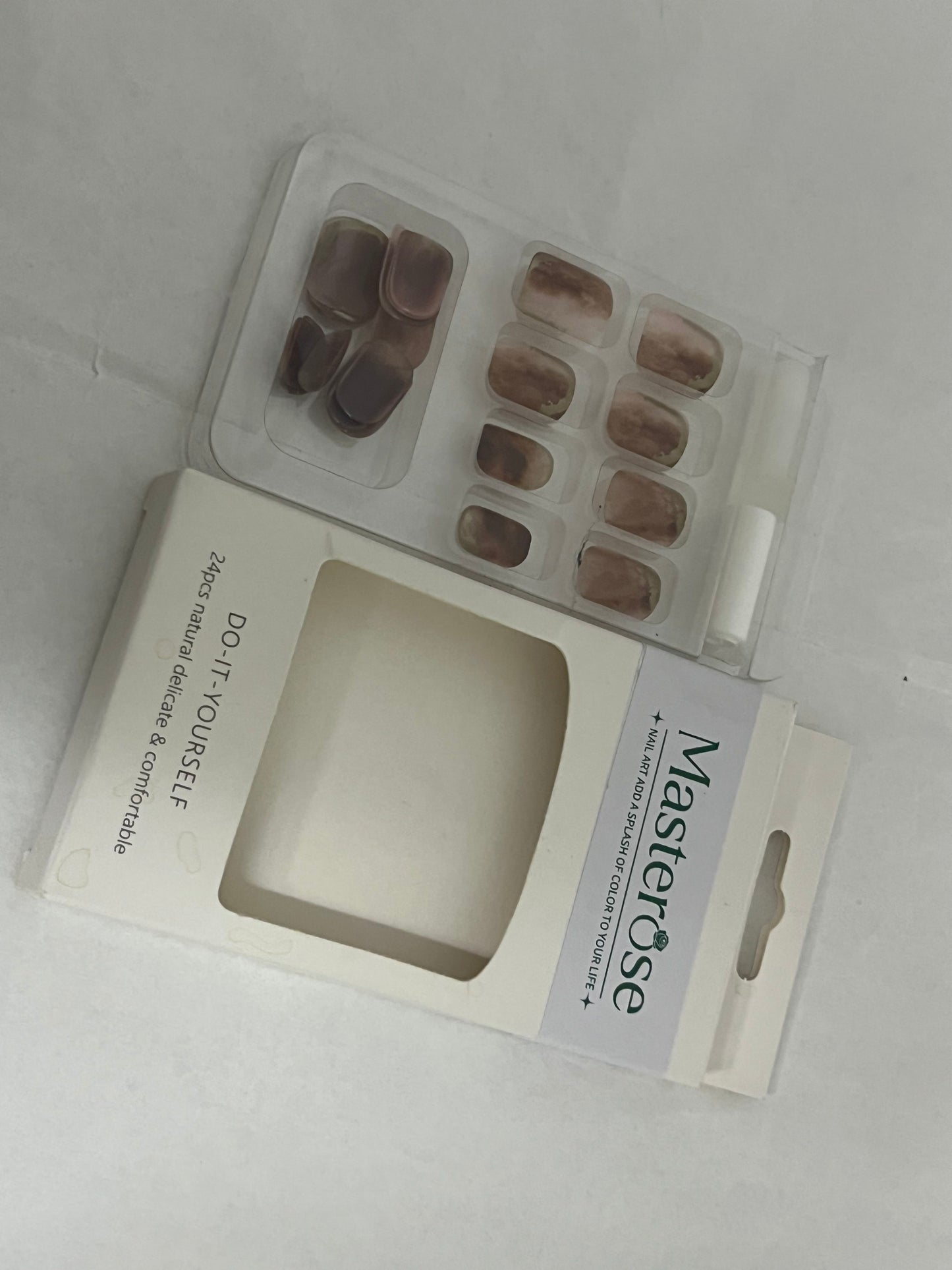 Masterose Almond Press on Nails Medium Almond Fake Nails Marble False Nails with Brown Marble Designs Nude Glue on Nails Heart Stick on Nails Cute Acrylic Nails Full Cover Glossy Artificial Nails