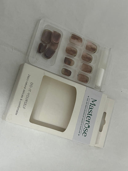 Masterose Almond Press on Nails Medium Almond Fake Nails Marble False Nails with Brown Marble Designs Nude Glue on Nails Heart Stick on Nails Cute Acrylic Nails Full Cover Glossy Artificial Nails