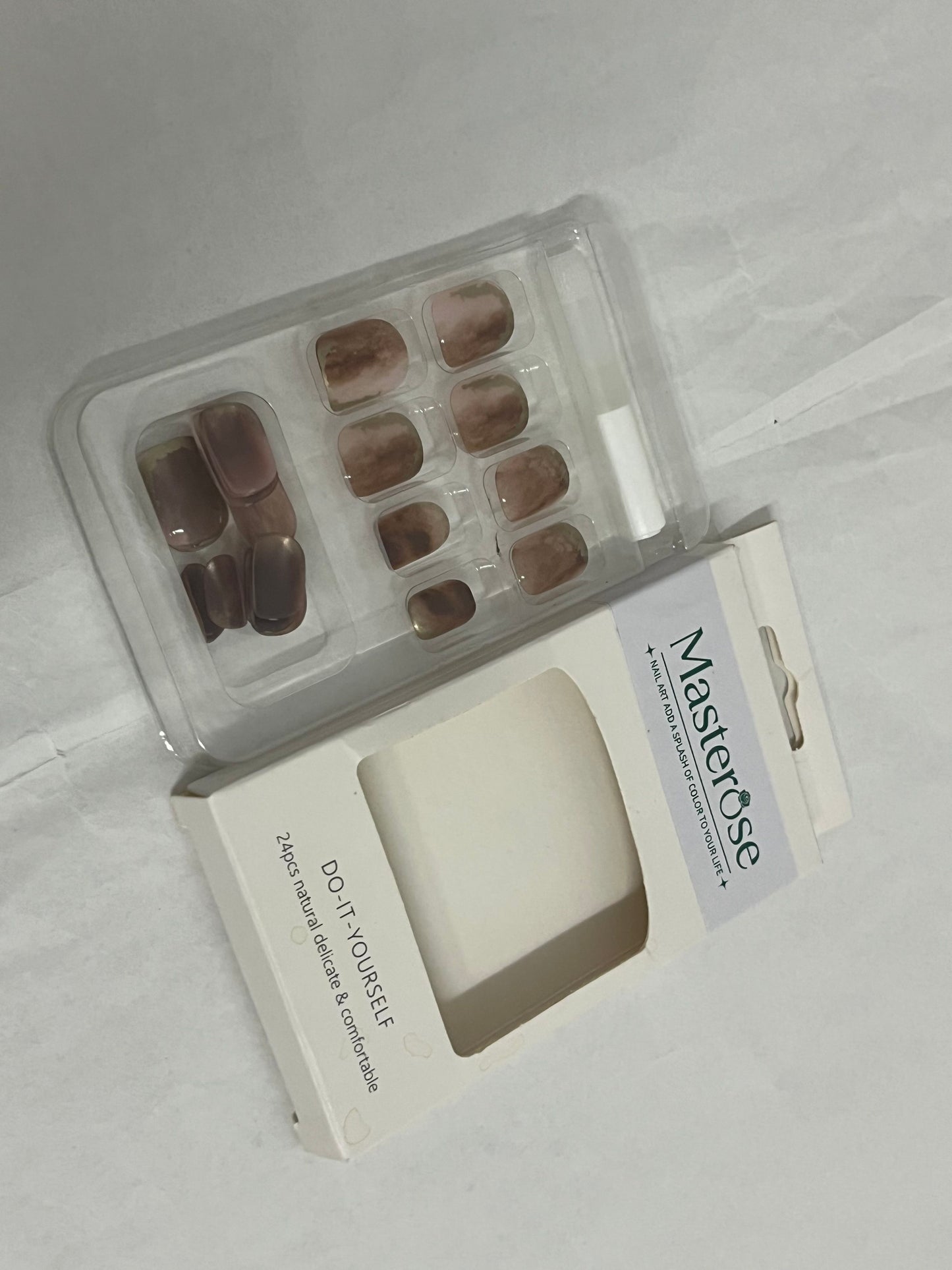 Masterose Almond Press on Nails Medium Almond Fake Nails Marble False Nails with Brown Marble Designs Nude Glue on Nails Heart Stick on Nails Cute Acrylic Nails Full Cover Glossy Artificial Nails