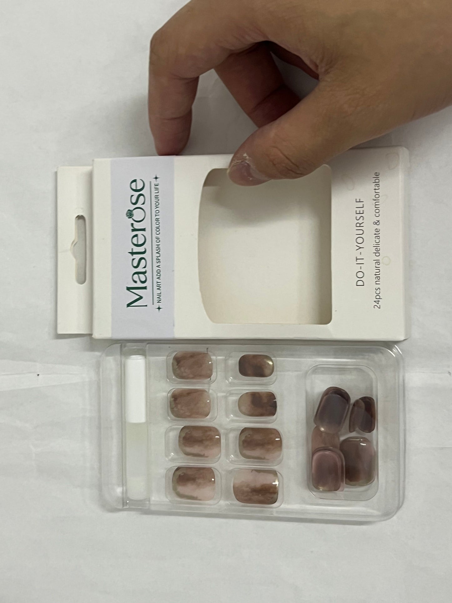 Masterose Almond Press on Nails Medium Almond Fake Nails Marble False Nails with Brown Marble Designs Nude Glue on Nails Heart Stick on Nails Cute Acrylic Nails Full Cover Glossy Artificial Nails