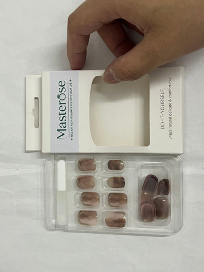 Masterose Almond Press on Nails Medium Almond Fake Nails Marble False Nails with Brown Marble Designs Nude Glue on Nails Heart Stick on Nails Cute Acrylic Nails Full Cover Glossy Artificial Nails