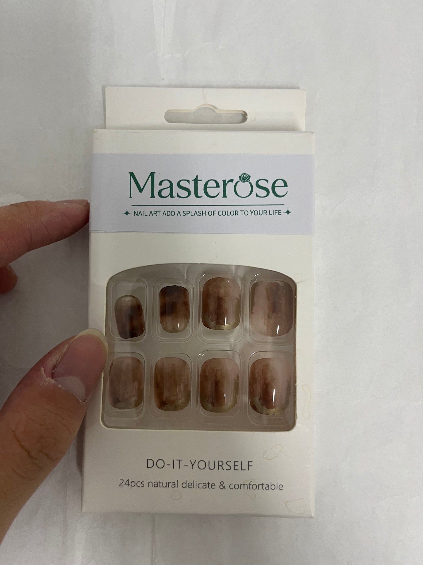 Masterose Almond Press on Nails Medium Almond Fake Nails Marble False Nails with Brown Marble Designs Nude Glue on Nails Heart Stick on Nails Cute Acrylic Nails Full Cover Glossy Artificial Nails