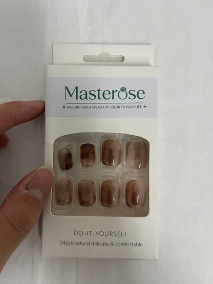 Masterose Almond Press on Nails Medium Almond Fake Nails Marble False Nails with Brown Marble Designs Nude Glue on Nails Heart Stick on Nails Cute Acrylic Nails Full Cover Glossy Artificial Nails