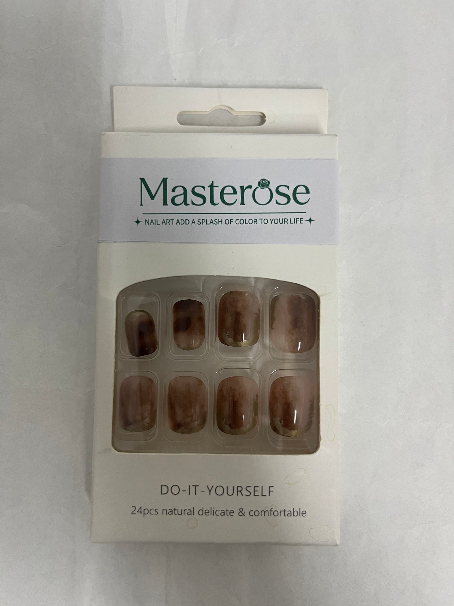 Masterose Almond Press on Nails Medium Almond Fake Nails Marble False Nails with Brown Marble Designs Nude Glue on Nails Heart Stick on Nails Cute Acrylic Nails Full Cover Glossy Artificial Nails