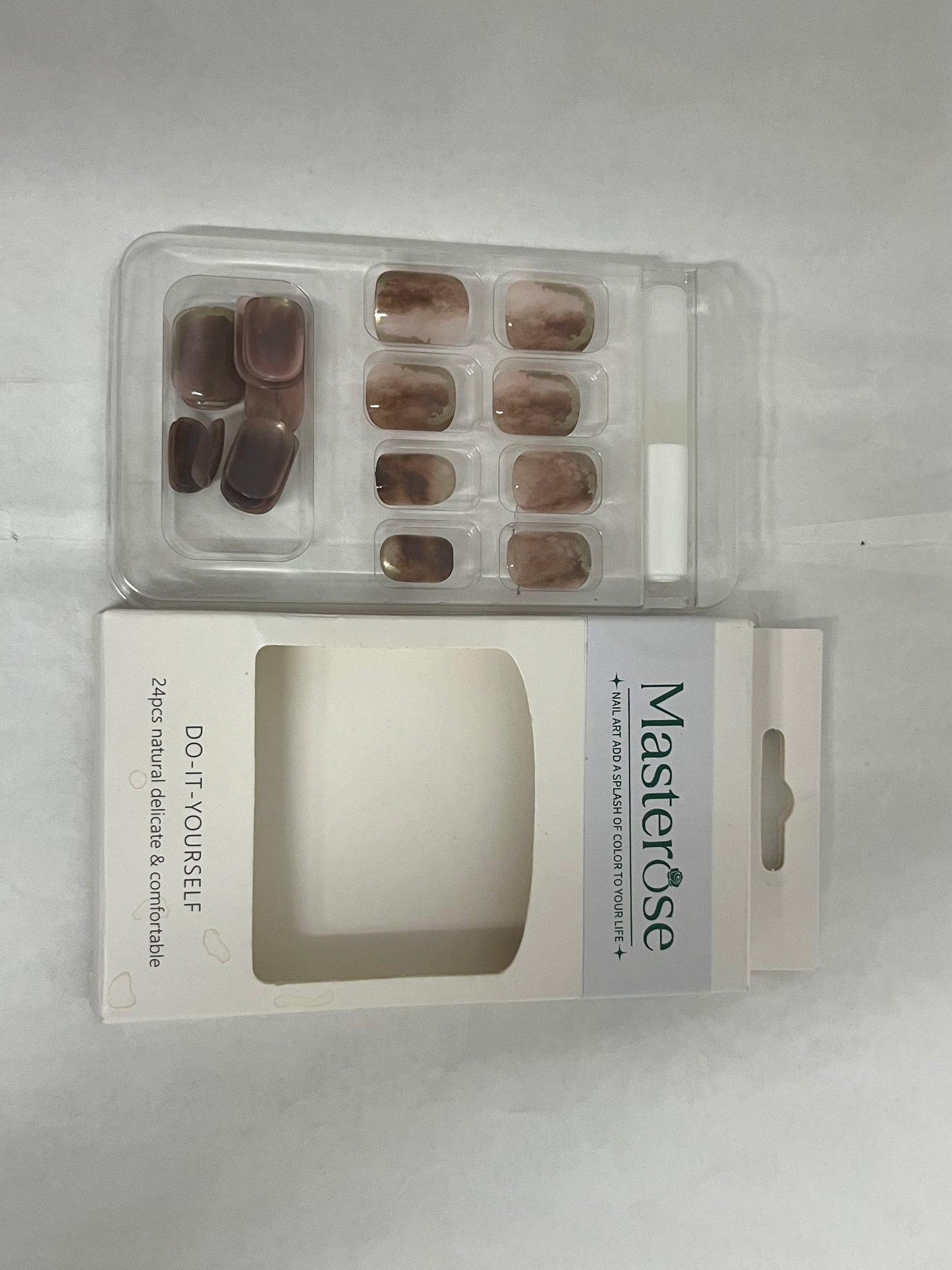 Masterose Almond Press on Nails Medium Almond Fake Nails Marble False Nails with Brown Marble Designs Nude Glue on Nails Heart Stick on Nails Cute Acrylic Nails Full Cover Glossy Artificial Nails