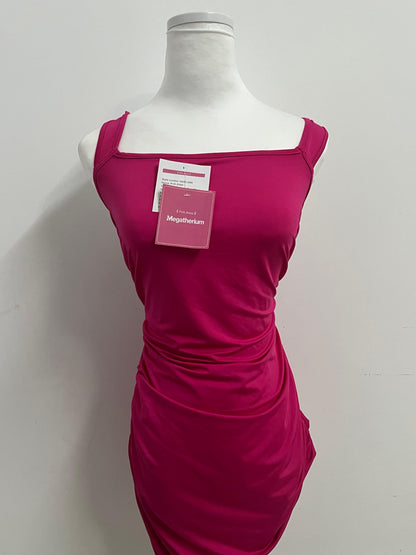 Megatherium Fuchsia Square Neck Back Tie Ruched Slim Dress, Fashionable & Multi-Occasion