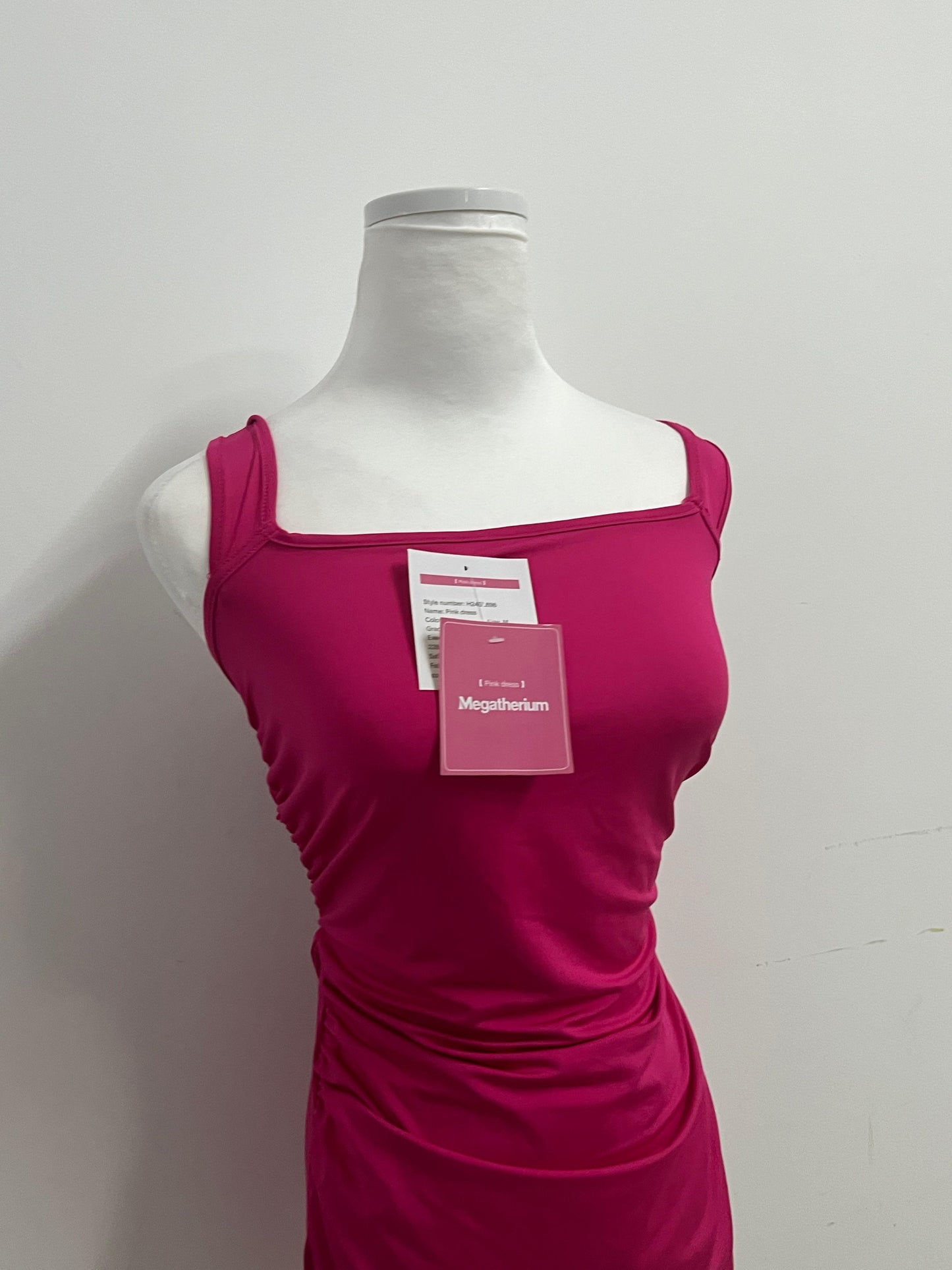 Megatherium Fuchsia Square Neck Back Tie Ruched Slim Dress, Fashionable & Multi-Occasion