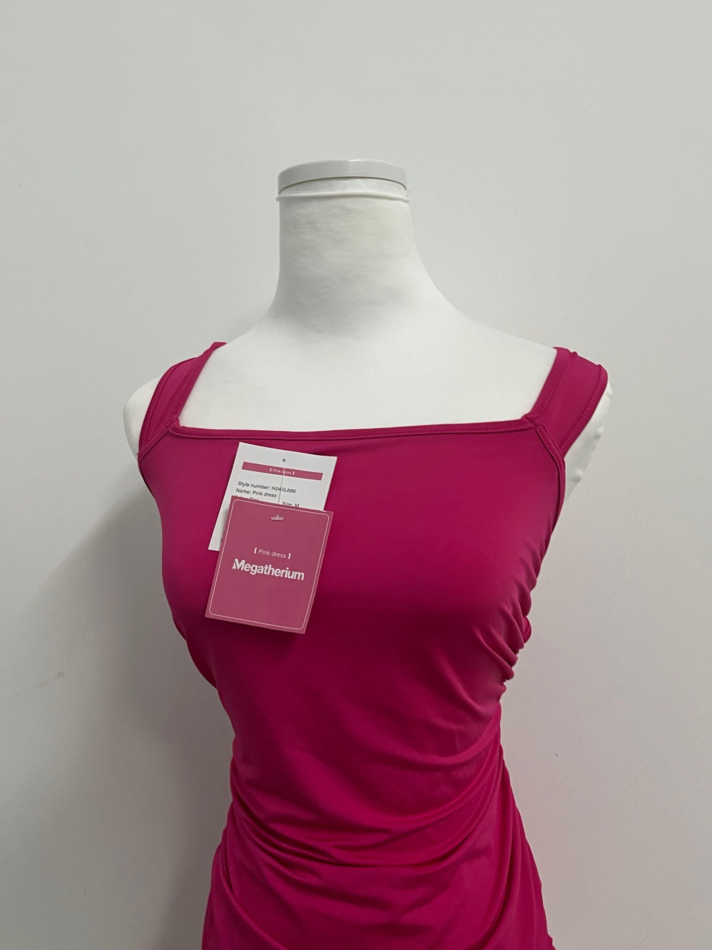 Megatherium Fuchsia Square Neck Back Tie Ruched Slim Dress, Fashionable & Multi-Occasion