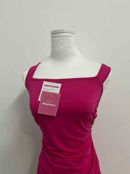 Megatherium Fuchsia Square Neck Back Tie Ruched Slim Dress, Fashionable & Multi-Occasion