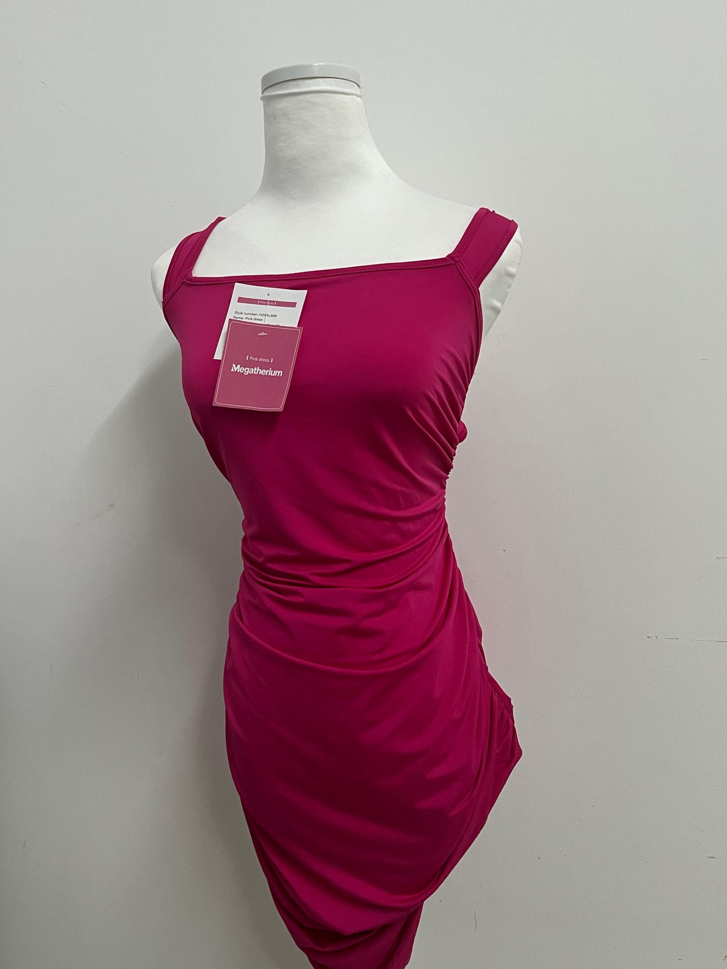 Megatherium Fuchsia Square Neck Back Tie Ruched Slim Dress, Fashionable & Multi-Occasion