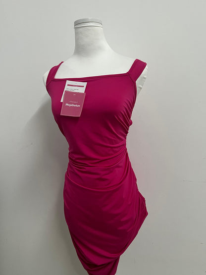 Megatherium Fuchsia Square Neck Back Tie Ruched Slim Dress, Fashionable & Multi-Occasion