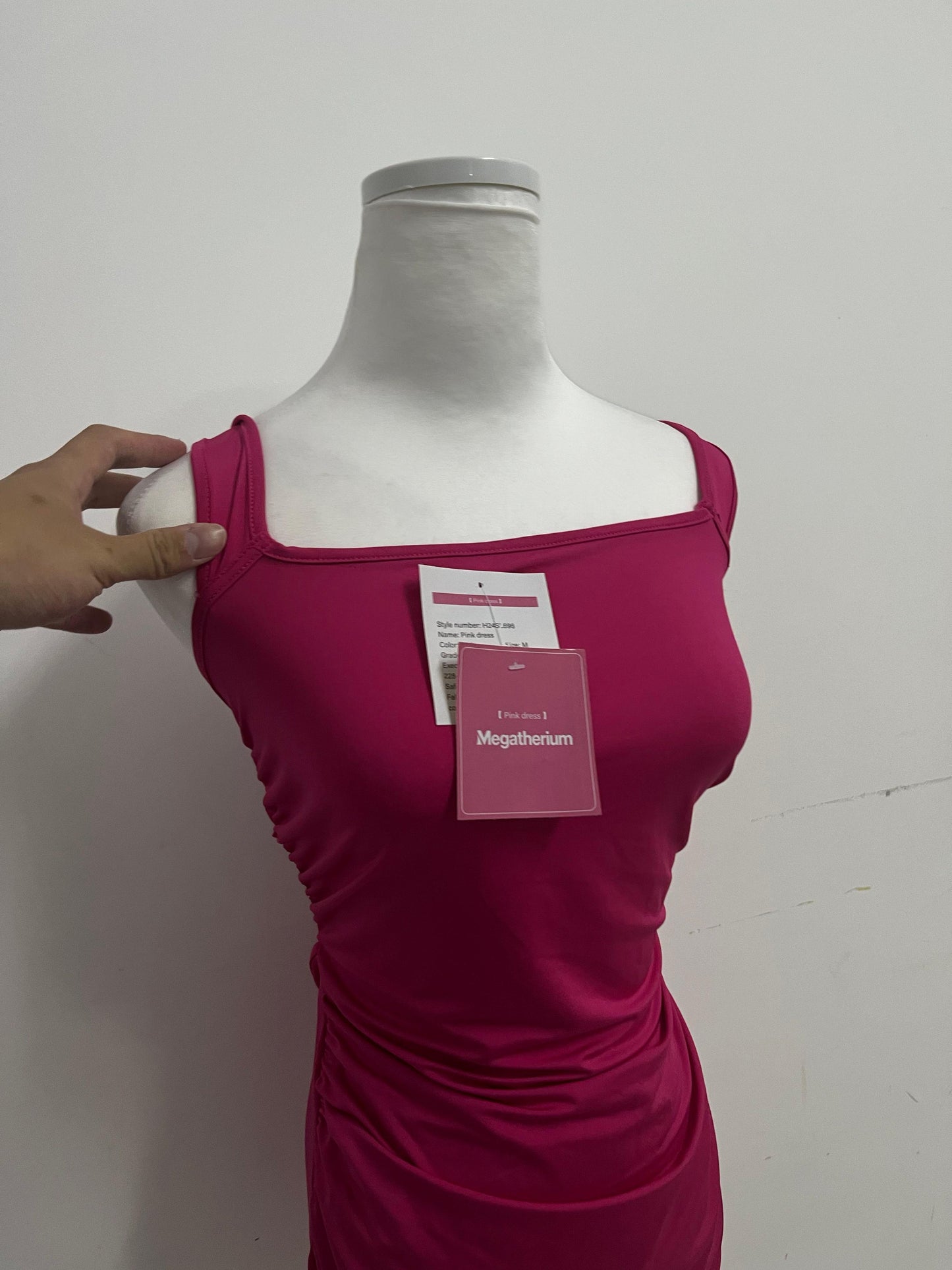 Megatherium Fuchsia Square Neck Back Tie Ruched Slim Dress, Fashionable & Multi-Occasion