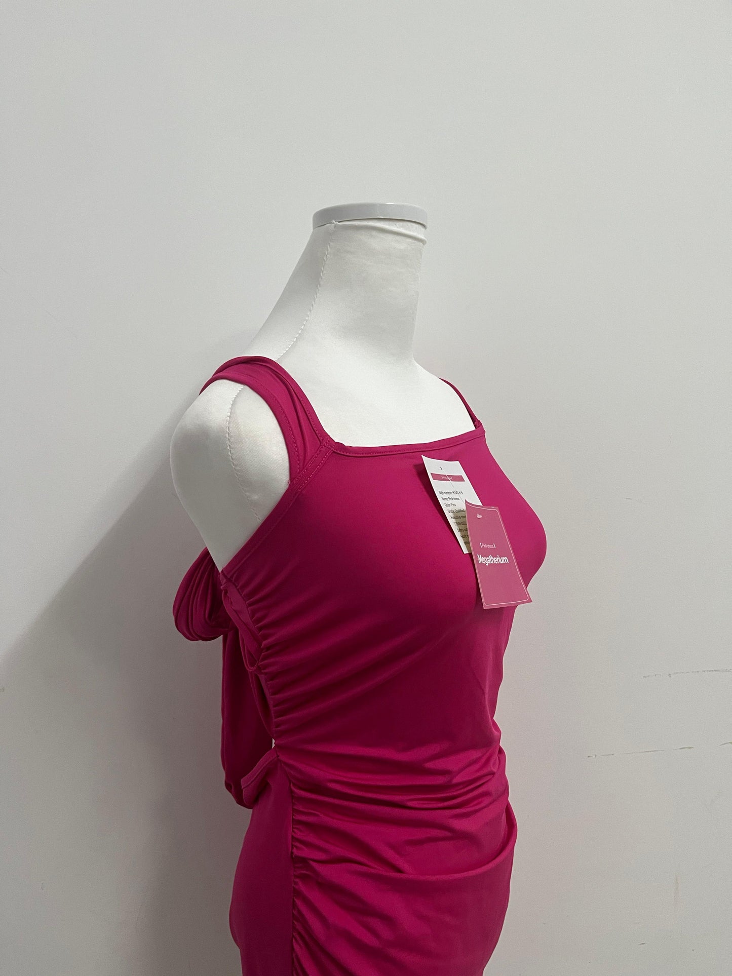 Megatherium Fuchsia Square Neck Back Tie Ruched Slim Dress, Fashionable & Multi-Occasion