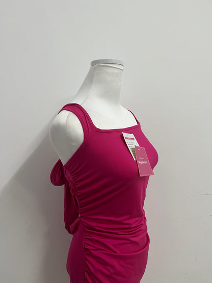 Megatherium Fuchsia Square Neck Back Tie Ruched Slim Dress, Fashionable & Multi-Occasion