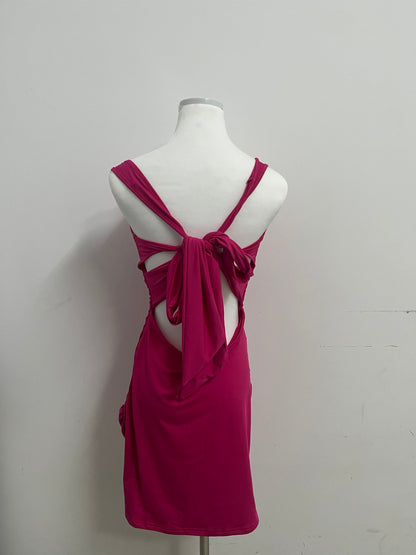 Megatherium Fuchsia Square Neck Back Tie Ruched Slim Dress, Fashionable & Multi-Occasion