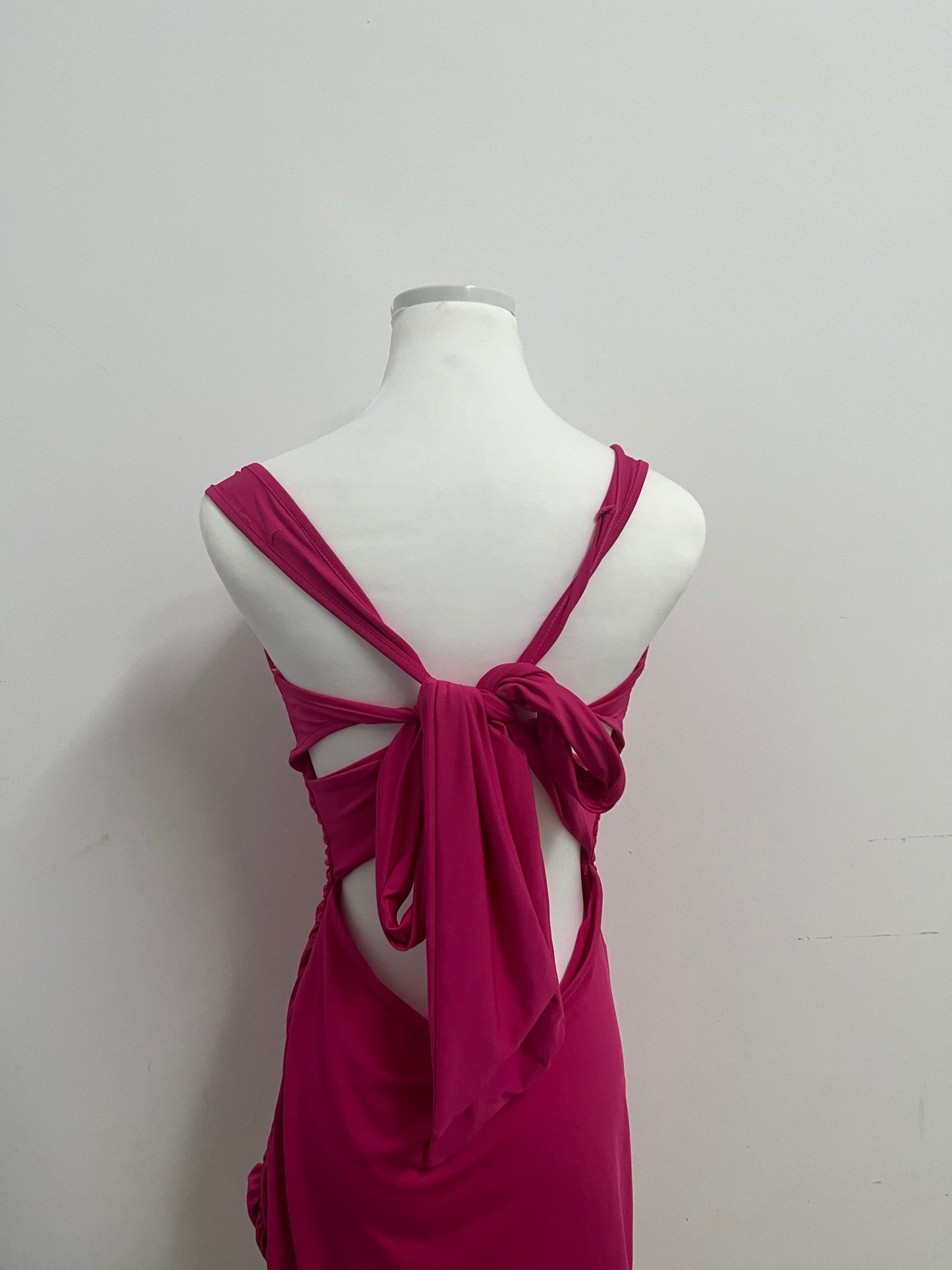 Megatherium Fuchsia Square Neck Back Tie Ruched Slim Dress, Fashionable & Multi-Occasion