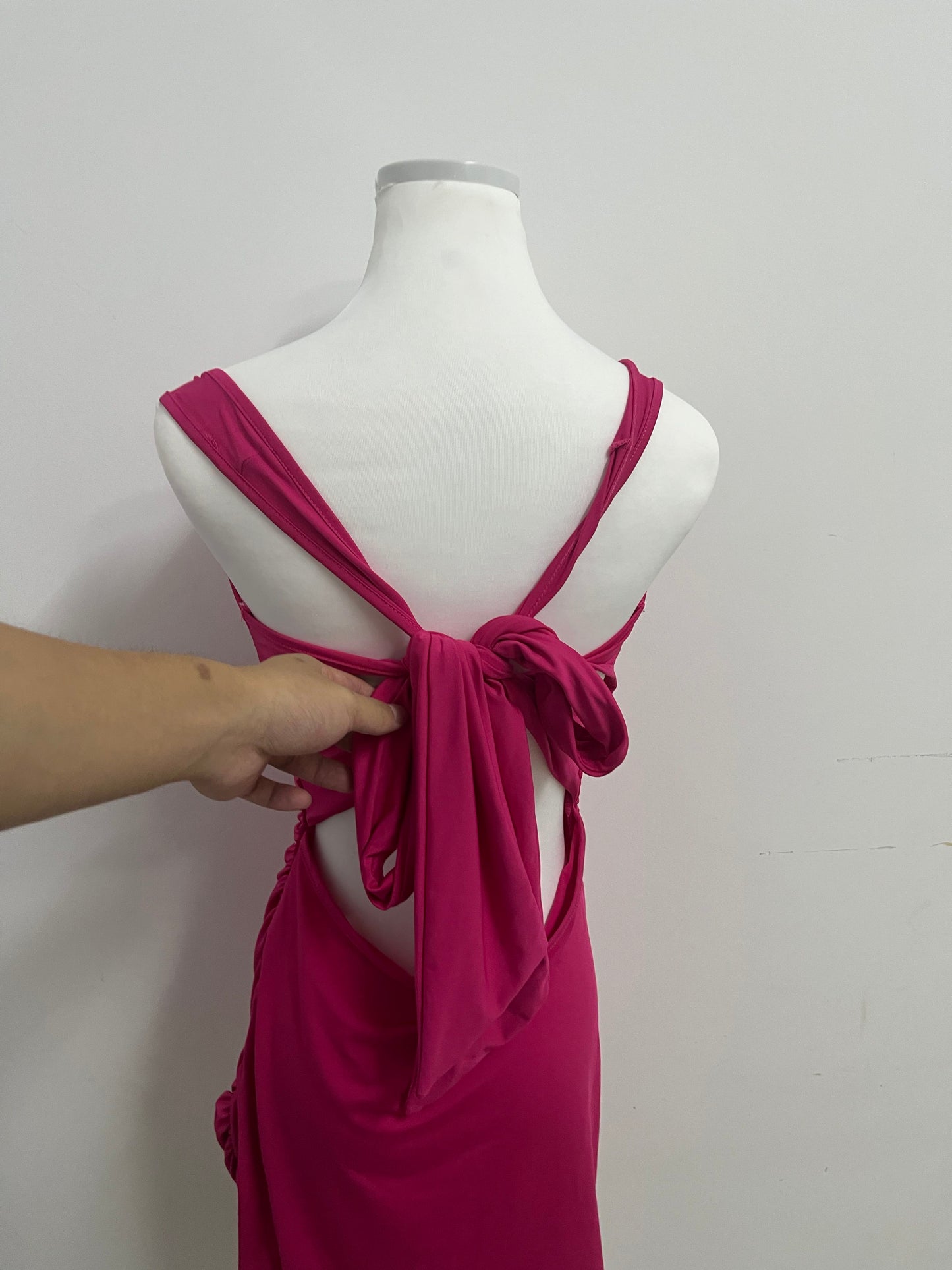 Megatherium Fuchsia Square Neck Back Tie Ruched Slim Dress, Fashionable & Multi-Occasion