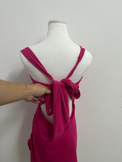 Megatherium Fuchsia Square Neck Back Tie Ruched Slim Dress, Fashionable & Multi-Occasion