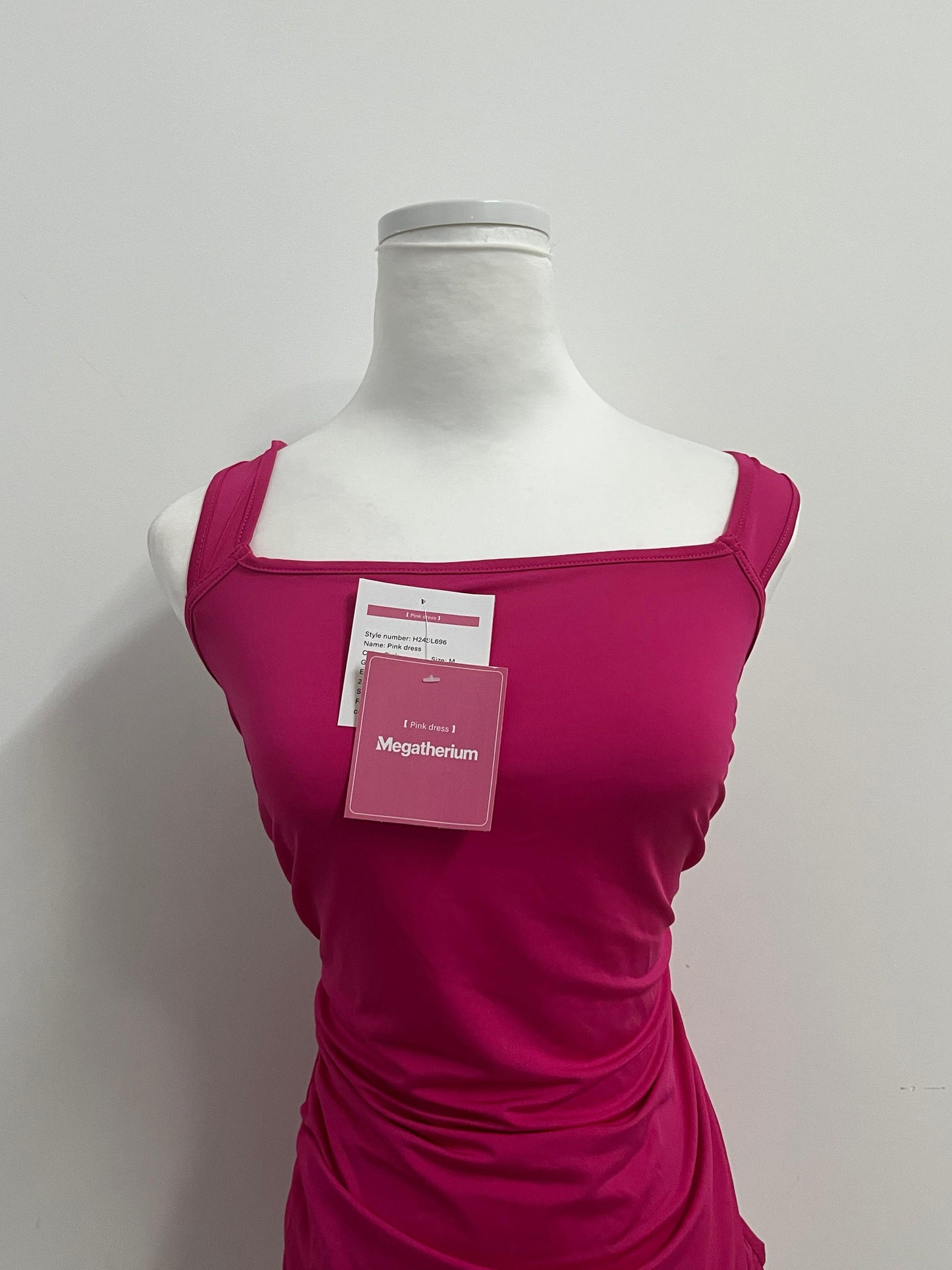 Megatherium Fuchsia Square Neck Back Tie Ruched Slim Dress, Fashionable & Multi-Occasion