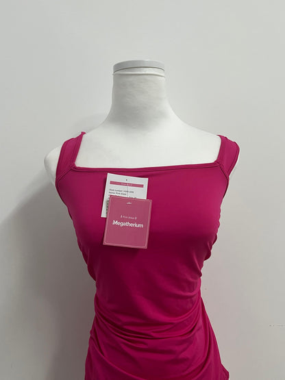 Megatherium Fuchsia Square Neck Back Tie Ruched Slim Dress, Fashionable & Multi-Occasion