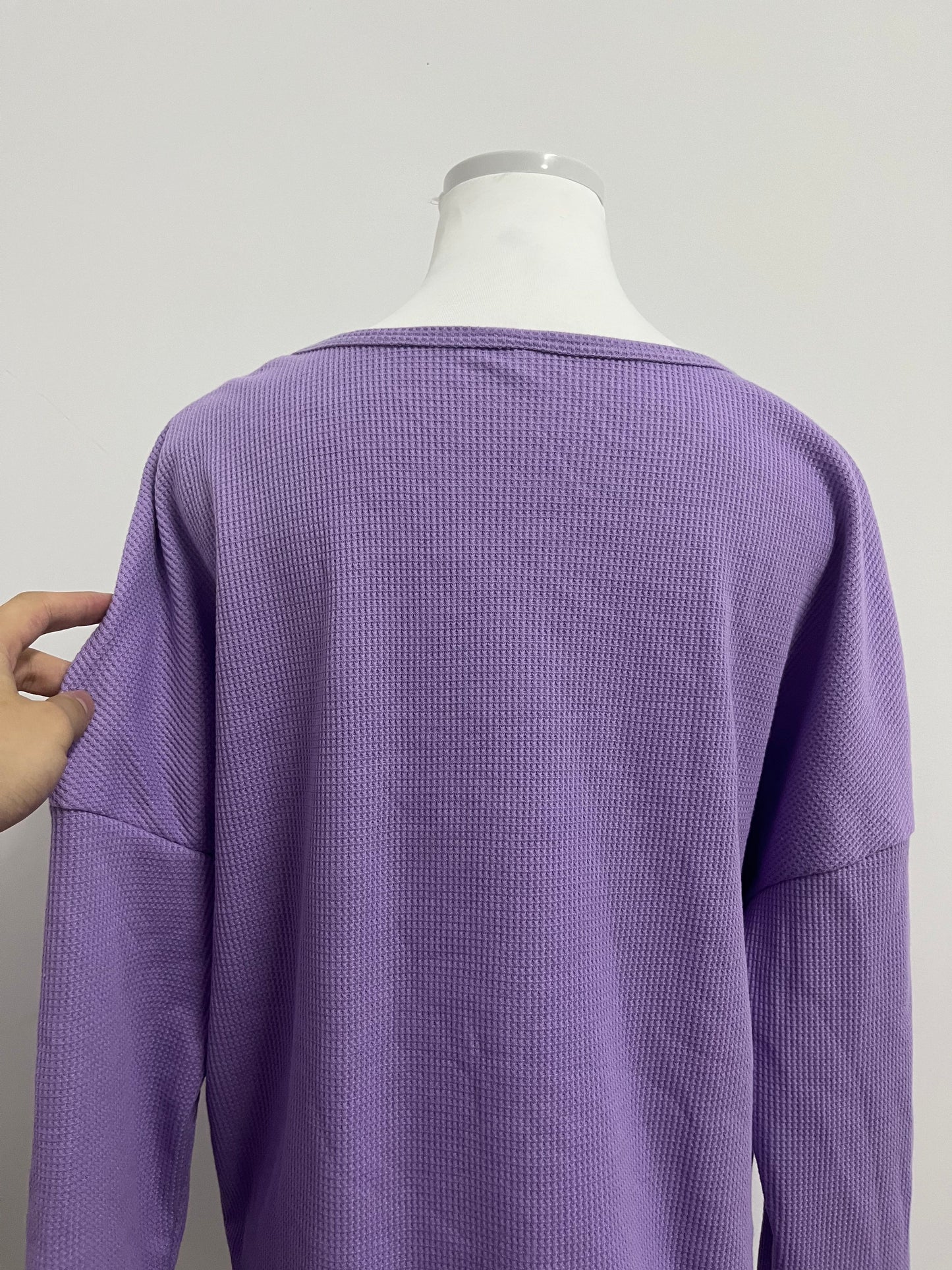 Melse Women's Waffle Knit Long Sleeve Top - Loose Fit Crew Neck Casual Pullover Sweatshirt in Purple