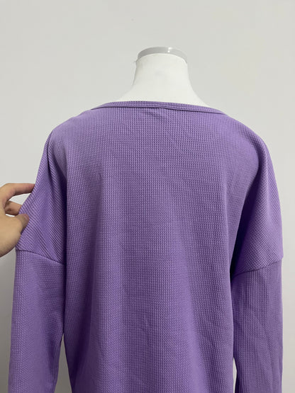 Melse Women's Waffle Knit Long Sleeve Top - Loose Fit Crew Neck Casual Pullover Sweatshirt in Purple
